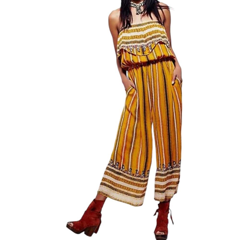 Free People Simone Flounce Strapless Pocket Wide Leg Jumpsuit Size Small